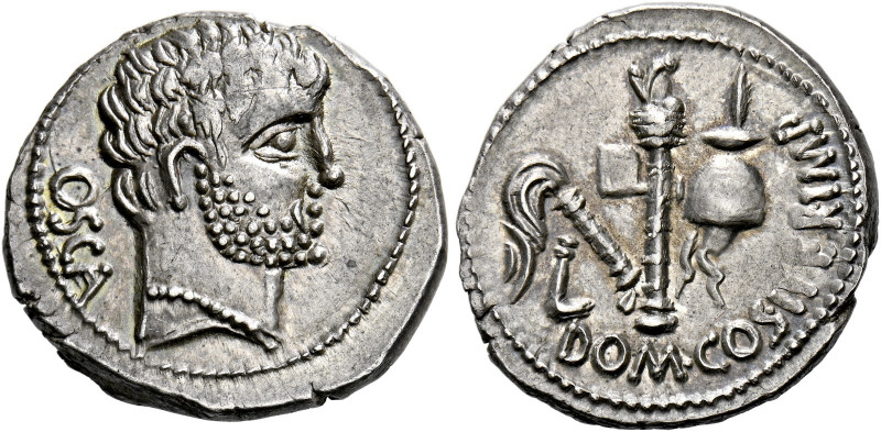    Cn. Domitius Calvinus. Denarius, Osca 39, AR 3.88 g. OSCA Head of Hercules, r...