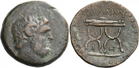    L. Lollius. Bronze, Cyrene circa 37-34, Æ 17.70 g. Head of Zeus Ammon r.; in r. field, lotus-tipped sceptre. Rev. Curule chair; between legs, I – H...