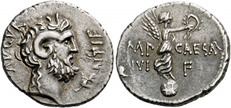    Octavianus with M. Pinarius Scarpus. Denarius, Cyrenaica 31, AR 3.72 g. AVGVR...