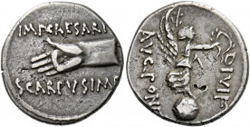   C. Caesar Octavianus with M. Pinarius Scarpus. Denarius, Cyrenaica 31, AR 3.67 g. IMP·CAESARI / SCARPVS IMP Open r. hand. Rev. DIVI F / AVG·PONΓ Vi...