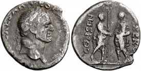 Vespasian augustus, 69 - 79. Uncertain Western Mint.   Denarius mint circa 69 to 70, AR 2.84 g. IMP CAESAR [VESPASIANVS AVG] Laureate head r. Rev. CON...