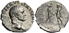 Vespasian augustus, 69 - 79. Uncertain Western Mint.   Denarius circa 69 to 71, AR 3.16 g. IMP CAESAR VESPASIANVS AVG. Laureate head r. Rev. CONSEN [E...