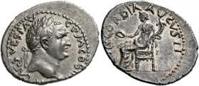 Vespasian augustus, 69 - 79. Antiochia.   Denarius 72-73, AR 3.31 g. [IMP] CAES VESP AV – G P M COS II[II] Laureate head r. Rev. CONCORDIA AVGVSTI Con...