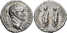 Vespasian augustus, 69 - 79. Ephesus. Denarius 69-70, AR 3.39 g. IMP CAES – VESPAS AVG Laureate head r. Rev. LIBERI IMP – AVG VESPAS Titus and Domitia...