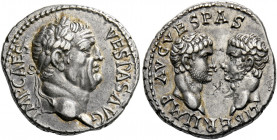 Vespasian augustus, 69 - 79. Ephesus. Denarius 69-70, AR 3.53 g. IMP CAES – VESPAS AVG Laureate head r. Rev. LIBERI IMP AVG VESPAS Confronted and bare...