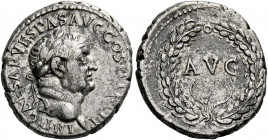 Vespasian augustus, 69 - 79. Ephesus. Denarius 70, AR 3.41 g. IMP CAESAR VESPAS AVG COS II TR P P P Laureate head r. Rev. AVG / ΦY within wreath. C –....