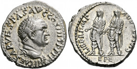 Vespasian augustus, 69 - 79. Ephesus. Denarius 71, AR 3.53 g. IMP CAESAR VESPAS AVG COS III TR P P P Laureate bust r. Rev. LIBERI IMP – AVG VESPAS Tit...