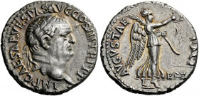 Vespasian augustus, 69 - 79. Ephesus. Denarius, 71, AR 3.16 g. IMP CAESAR VESPAS AVG COS III TR P P P Laureate bust r. Rev. PACI – AVGVSTAE Victory ad...