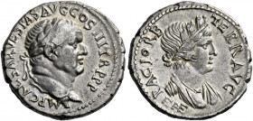 Vespasian augustus, 69 - 79. Ephesus. Denarius 71, AR 3.44 g. IMP CAESAR VESPAS AVG COS III TR P P P Laureate bust r. Rev. PACI ORB – TERR AVG Turrete...