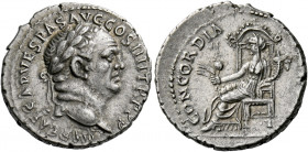 Vespasian augustus, 69 - 79. Ephesus. Denarius late 73, AR 3.56 g. IMP CAESAR VESPAS AVG COS IIII TR P P P Laureate bust r. Rev. CONCORDIA AVG Ceres, ...