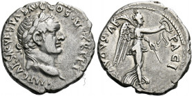 Vespasian augustus, 69 - 79. Ephesus. Denarius 74, AR 3.32 g. IMP CAESAR VESPAS AVG COS V TR P P P Laureate bust r. Rev. PACI – AVGVSTAE Victory advan...