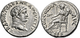 Titus caesar 69 – 79. Ephesus. Denarius 71, AR 3.26 g. IMPERATOR T CAESAR AVGVSTI E Laureate bust r. Rev. CONCORDIA AVG Ceres, veiled, seated l. on th...