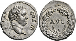 Titus caesar 69 – 79. Ephesus. Denarius 74, AR 3.46 g. IMP T CAESAR COS III Laureate bust r. Rev. AVG / star within wreath. C 21. BMC p. 100 note. RIC...