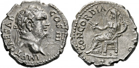 Titus caesar 69 – 79. Ephesus. Denarius, Ephesus 74, AR 3.18 g. IMP T CAESAR COS III Laureate bust r., at point of bust, o. Rev. CONCORDIA AVG Ceres, ...