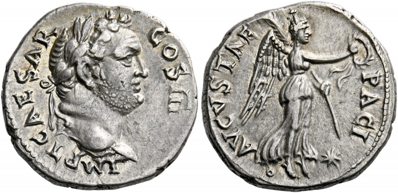 Titus caesar 69 – 79. Ephesus. Denarius, Ephesus 74, AR 3.49 g. IMP T CAESAR COS...