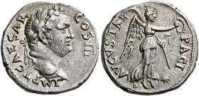 Titus caesar 69 – 79. Ephesus. Denarius, Ephesus 74, AR 3.49 g. IMP T CAESAR COS III Laureate bust r. Rev. PACI – AVGVSTAE Victory advancing r., holdi...
