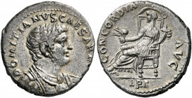 Domitian Caesar, 69 – 81. Ephesus. Denarius, Ephesus 71, AR 3.38 g. DOMITIANVS CAESAR AVG F Bare-headed, draped and cuirassed bust r. wearing aegis. R...