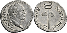 Vespasian augustus, 69 – 79. Uncertain mint in Asia, Ephesus (?). Denarius 76, AR 3.18 g. IMP [CAESAR] VESPASIANVS AVG Laureate head r.; at neck trunc...