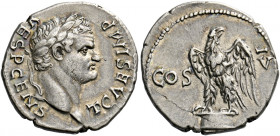Titus caesar 69 – 79. Uncertain mint in Asia, Ephesus (?). Denarius 76, AR 3.52 g. T CAES IMP VESP CENS Laureate head r.; below neck truncation, o. Re...
