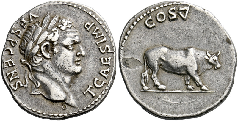 Titus caesar 69 – 79. Uncertain mint in Asia, Ephesus (?). Denarius 76, AR 3.33 ...