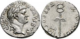 Domitian caesar, 69 – 81. Uncertain mint in Asia, Ephesus (?).   Denarius 76, AR 3.49 g. CAES AVG F DOMIT COS III Laureate and bearded head r.; below ...