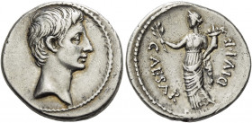 Octavian, 32 – 27.   Denarius, Brundisium and Roma (?) circa 32-29 BC, AR 3.65 g. Bare head r. Rev. CAESAR – DIVI·F Pax, draped, standing l., holding ...