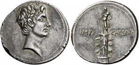Octavian, 32 – 27.   Denarius, Brundisium and Roma (?) circa 29–27 BC, AR 3.87 g. Laureate head of Octavian as Apollo r. Rev. IMP – CAESAR Cloaked fig...