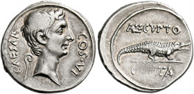 Octavian, 32 – 27.   Denarius, Brundisium and Roma (?) circa 29-27 BC, AR 3.67 g. CAESAR – COS·VI Bare head r.; behind, lituus. Rev. AEGVPTO / C[AP]TA...