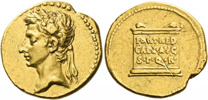 Octavian as Augustus, 27 BC – AD 14.   Aureus, Colonia Caesaugusta 19 BC, AV 7.9...