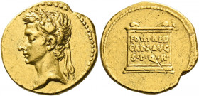 Octavian as Augustus, 27 BC – AD 14.   Aureus, Colonia Caesaugusta 19 BC, AV 7.93 g. Oak-wreathed head l. Rev. FORT RED / CAES AVG / S·P·Q·R inscribed...