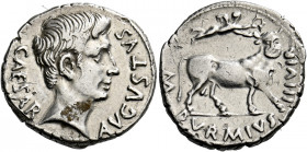 Octavian as Augustus, 27 BC – AD 14.   M. Durmius. Denarius circa 19 BC, AR 3.86 g. AVGVSTVS – CAESAR Bare head r. Rev. M DVRMIVS III VIR Victory flyi...