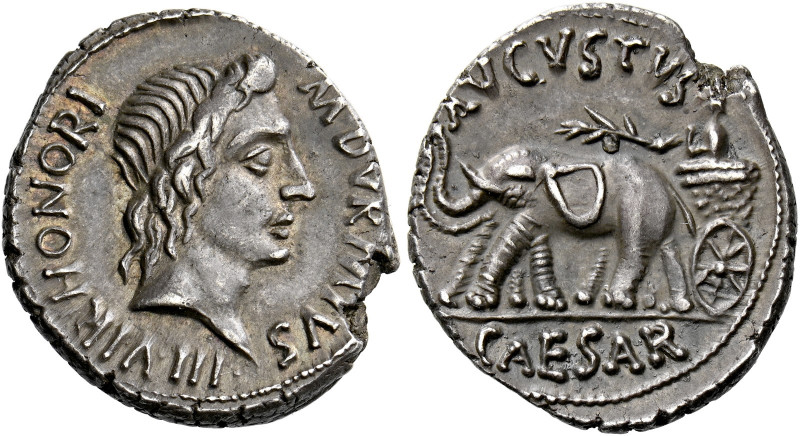 Octavian as Augustus, 27 BC – AD 14.   M. Durmius. Denarius circa 19 BC, AR 3.99...