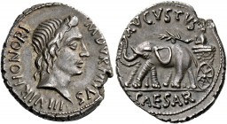 Octavian as Augustus, 27 BC – AD 14.   M. Durmius. Denarius circa 19 BC, AR 3.99 g. M DVRMIVS III VIR HONORI Head of Honos r. Rev. AVGVSTVS – CAESAR A...