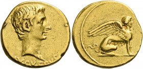 Octavian as Augustus, 27 BC – AD 14.   Aureus, Pergamum 19–18 BC, AV 7.89 g. AVGVSTVS Bare head r. Rev. Sphinx, with raised wings, seated r. C 333. Ba...