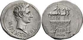 Octavian as Augustus, 27 BC – AD 14.   Cistophoric tetradrachm, Pergamum circa 19-18, AR 11.66 g. IMP IX TR POT V Bare head r. Rev. Triumphal arch ins...