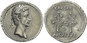 Octavian as Augustus, 27 BC – AD 14.   Denarius, Caesaraugusta (?) circa 19-18 BC, AR 3.73 g. Oak-wreathed head r. Rev. CAESAR / AVGVSTVS Two laurel b...