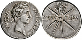 Octavian as Augustus, 27 BC – AD 14.   Denarius, Caesaraugusta (?) circa 19–18 BC, AR 3.79 g. CAESAR – AVGVSTVS Oak-wreathed head r. Rev. DIVVS – IVLI...