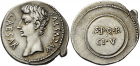 Octavian as Augustus, 27 BC – AD 14.   Denarius, Caesaraugusta (?) circa 19-18 BC, AR 3.80 g. CAESAR – AVGVSTVS Bare head l. Rev. Round shield inscrib...