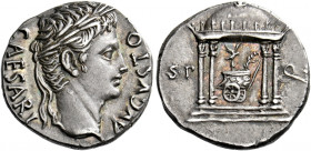 Octavian as Augustus, 27 BC – AD 14.   Denarius, Colonia Patricia circa 18 BC, AR 3.85 g. CAESARI – AVGVSTO Laureate head r. Rev. S P – Q R Tetrastyle...