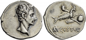 Octavian as Augustus, 27 BC – AD 14.   Denarius, Colonia Patricia (?) circa 18-17/16 BC, AR 3.77 g. Bare head r. Rev. Capricorn r., holding globe over...