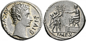 Octavian as Augustus, 27 BC – AD 14.   Denarius, Lugdunum 15-13, AR 3.86 g. AVGVSTVS – DIVI·F Bare head r. Rev. Two soldiers (or Drusus and Tiberius) ...