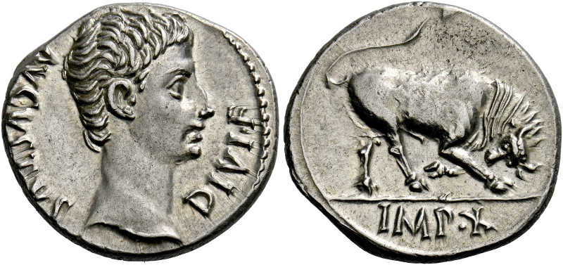 Octavian as Augustus, 27 BC – AD 14.   Denarius, Lugdunum 15-13 BC, AR 3.86 g. A...