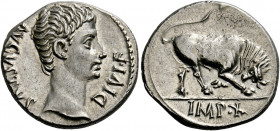 Octavian as Augustus, 27 BC – AD 14.   Denarius, Lugdunum 15-13 BC, AR 3.86 g. AVGVSTVS – DIVI F Bare head r. Rev. Bull butting r. In exergue, IMP X. ...