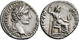 Octavian as Augustus, 27 BC – AD 14.   Denarius, Lugdunum circa 13-14, AR 3.80 g. CAESAR [AVGVSTVS] DIVI F PATER PATRIAE Laureate head r. Rev. PONTIF ...