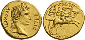Octavian as Augustus, 27 BC – AD 14.   Aureus, Lugdunum 8 BC, AV 8.01 g. AVGVSTVS – DIVI F Laureate head r. Rev. C CAES Caius Caesar galloping r., hol...