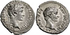 Octavian as Augustus, 27 BC – AD 14.   Denarius, Lugdunum circa 13-14 AD, AR 3.56 g. CAESAR AVGVSTVS – DIVI F PATER PATRIAE Laureate head of Augustus ...