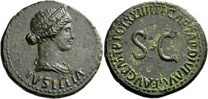 In the name of Livia, wife of Augustus.   Dupondius circa 21-22, Æ 14.10 g. IVST...