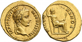 Tiberius augustus, 14 – 37.   Aureus, Lugdunum 14-37, AV 7.86 g. TI CAESAR DIVI – AVG F AVGVSTVS Laureate head r. Rev. PONTIF – MAXIM Pax-Livia figure...