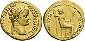 Tiberius augustus, 14 – 37.   Aureus, Lugdunum 14-37, AV 7.87 g. TI CAESAR DIVI – AVG F AVGVSTVS Laureate head r. Rev. PONTIF – MAXIM Pax-Livia figure...