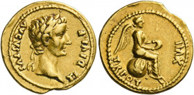 Tiberius augustus, 14 – 37.   Quinarius, Lugdunum 15-16, AV 3.92 g. TI DIVI F – AVGVSTVS Laureate head r. Rev. TR POT – XVII Victory seated r. on glob...